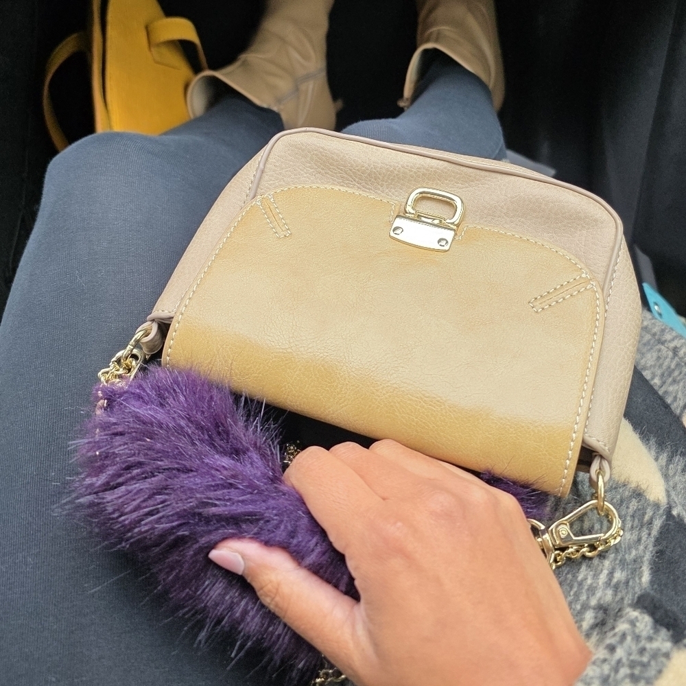 Danielle Nicole Tan Crossbody Bag with Purple Accent
